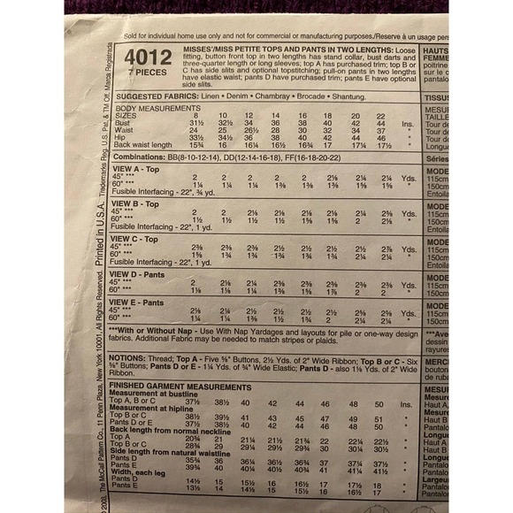 McCalls Sewing pattern4012 top pants in 2 lengths sewing pattern - Picture 4 of 6
